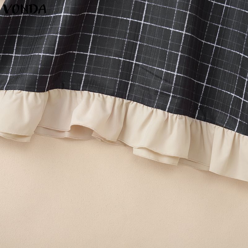 VONDA Women Lapel Neck Casual Long Sleeve Retro Plaid Patchwork Ruffled Shirts Dress