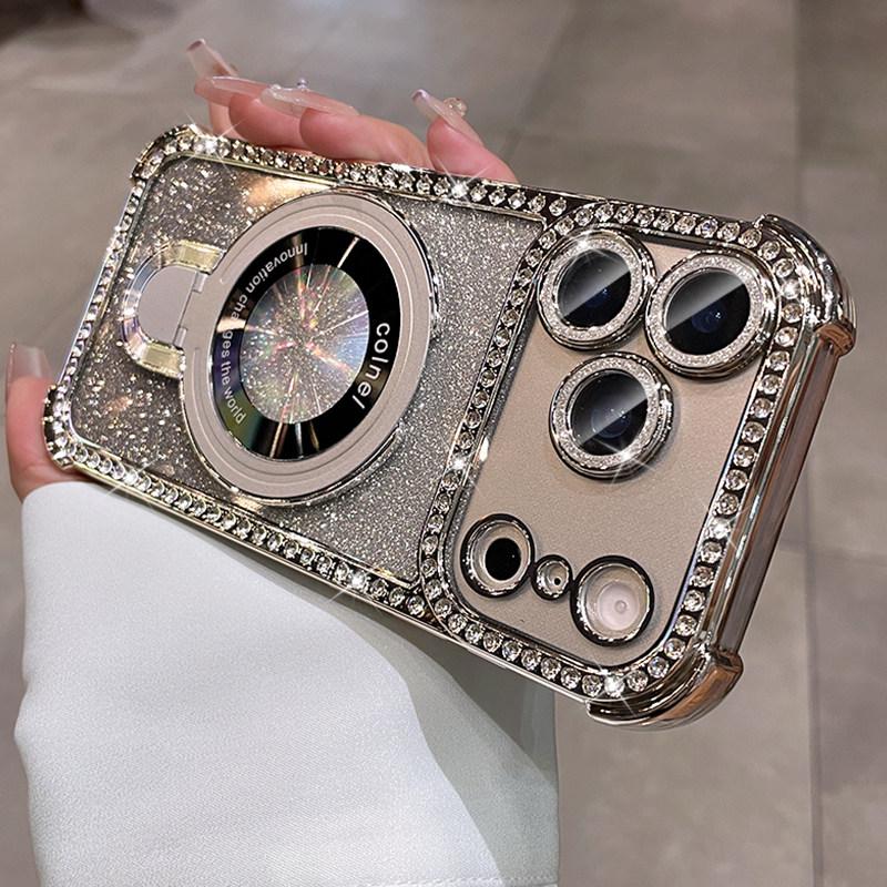 Glitter Diamond for Bracket Case for For Iphone 16 17 Pro Max 1 14 13 Camera Protector Holder Stand Bling Gradient Cover