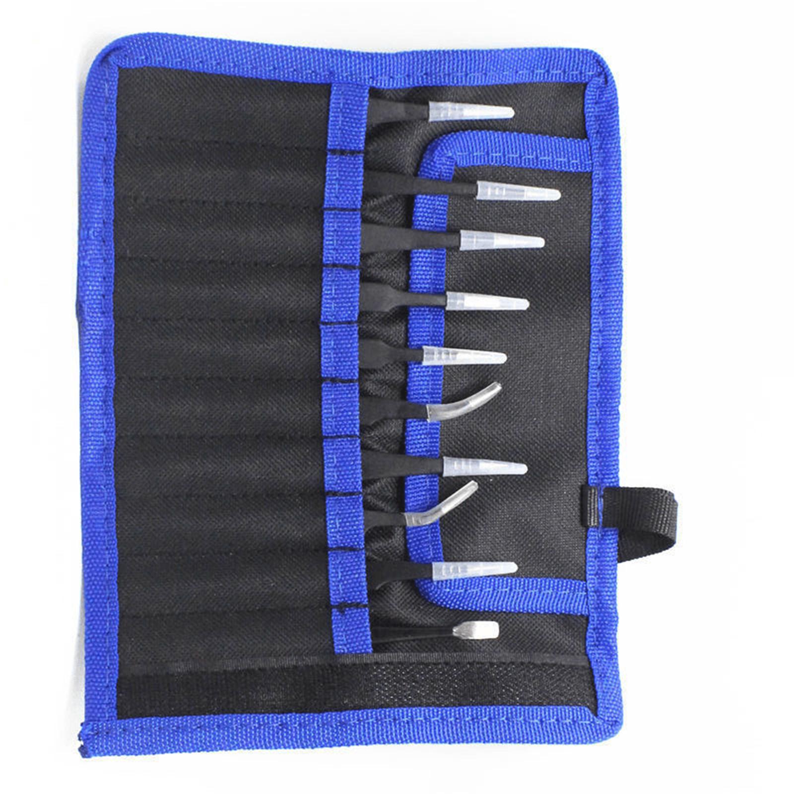 

Набор из 10/11 предметов промышленных пинцетов из нержавеющей стали для прецизионных работ с нескользящей ручкой и холщовой сумкой для хранения A