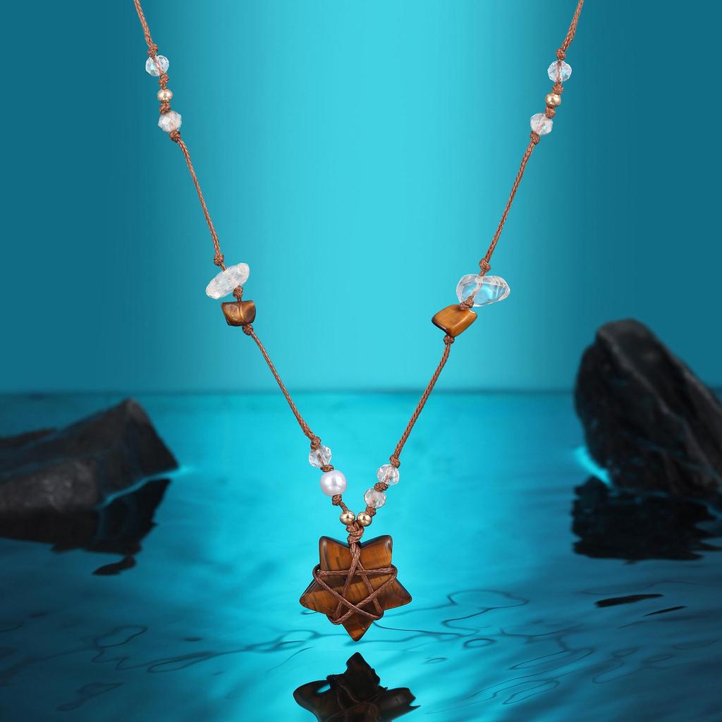 Women's Ethnic Five-Pointed Star Necklace with Tiger Eye Beads On Adjustable Cord