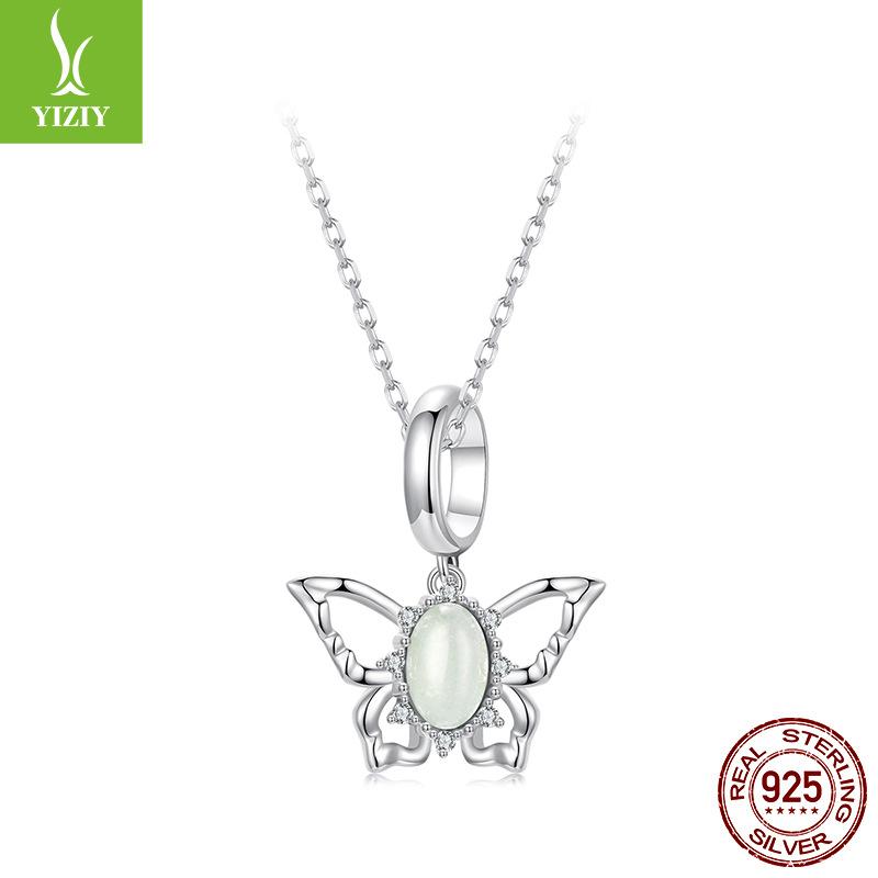925 Sterling Silver Butterfly Pendant Natural Jade Animal Beads Diy Bracelet Beaded Accessories