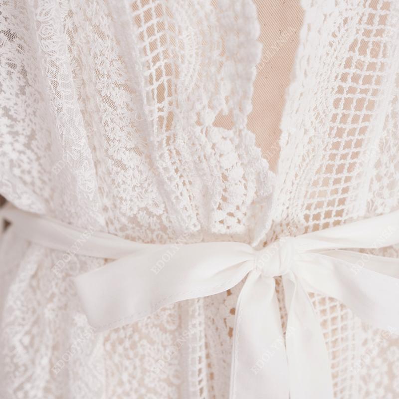 Weißes sexy Spitzenkleid vorne offen Sommer-Strandkleid in Übergröße mit selbstgegurtetem hohem Bund, Tunika für Damen, Strandkleidung, langes Kleid Q1301