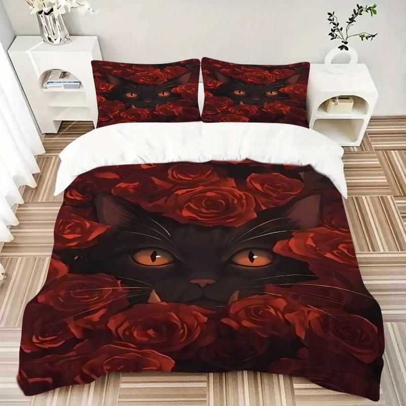 3pcs Black Cat Roses Duvet Cover Set - Machine Washable, Includes 1 Cover and 2 Pillowcases, No Core Included yy251013077
