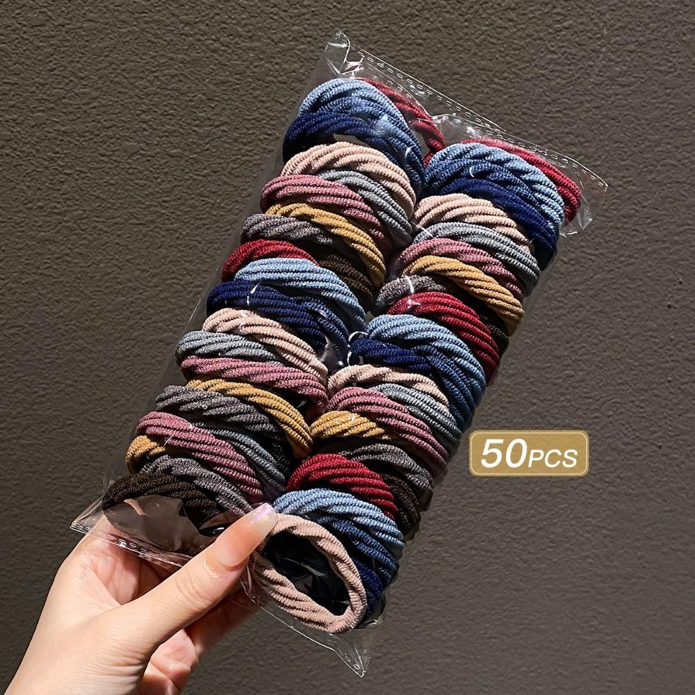 50Pcs High Elastic Hair Ties Thick Ponytail Holder Solid Color Rubber Band Women Girls
