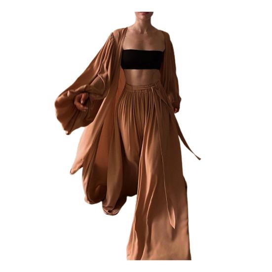 

Женский наряд, однотонный кардиган с длинными рукавами, топ-труба, широкие брюки S кофейный