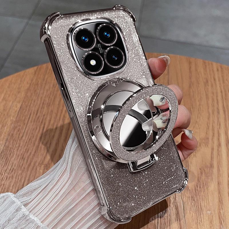 Glitter Shockproof Silicone Case For Xiaomi Redmi 14C Note 14 Pro Plus 4G 5G Note 14S Mirror Magnetic Holder Stand Soft Cover
