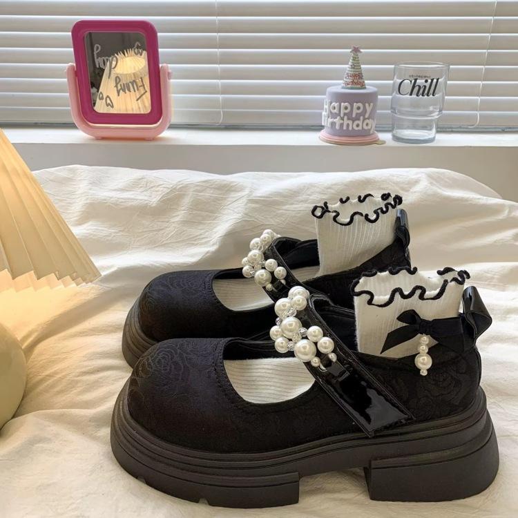 Mary Jane Small Leather Shoes Women's Platform 2025 Summer New Retro Thick Heel Heightening Pearl New Chinese Skirt Shoes