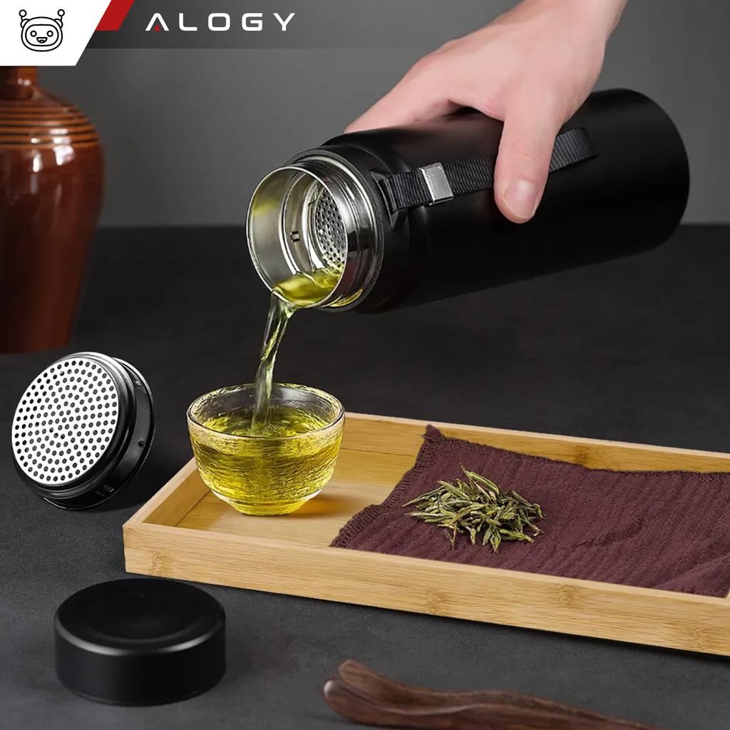 Thermos Bottle Thermal Water Bottle 1L For Coffee Tea Yerba Mate With Infuser Strainer Large Alogy Steel Black + Washing Brush