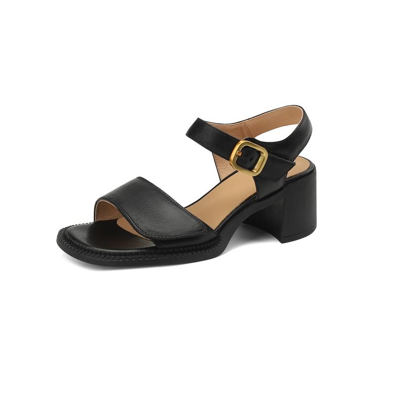 2024 New Square Toe Genuine Leather Sandals Woman Ladies Back Strap Slingbacks Shoes Buckle Square High Heel Sandals Women
