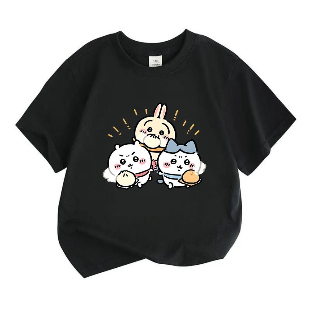 Kids Boys Girls 100% Cotton Crew Neck Short Sleeve T-Shirt, Cute Chibi Cartoon Three Friends Print Casual Soft Breathable Tee for Daily Play Wear, Lov