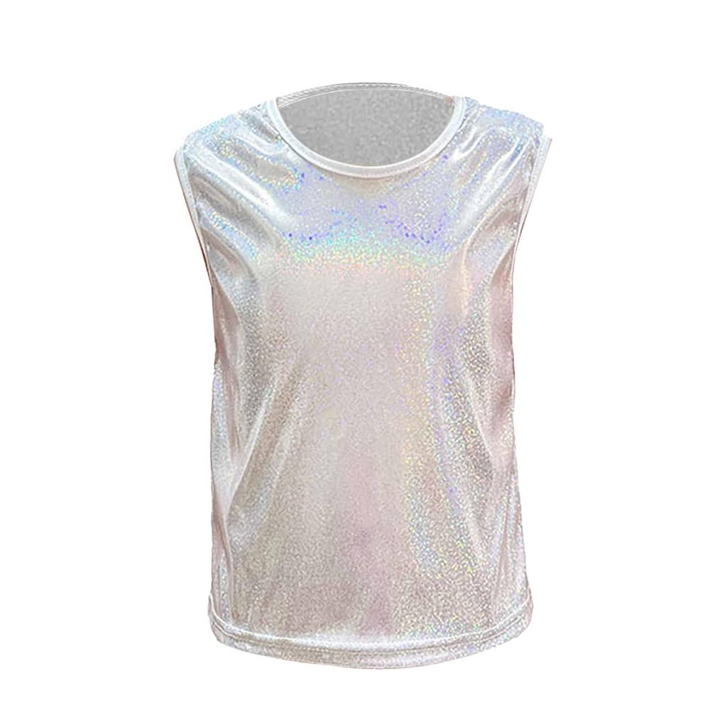 Loose Fit Sleeveless Holographic Tank Top for Kids Dancewear Shiny Sequin Reflective Performance Shirt Urban Style