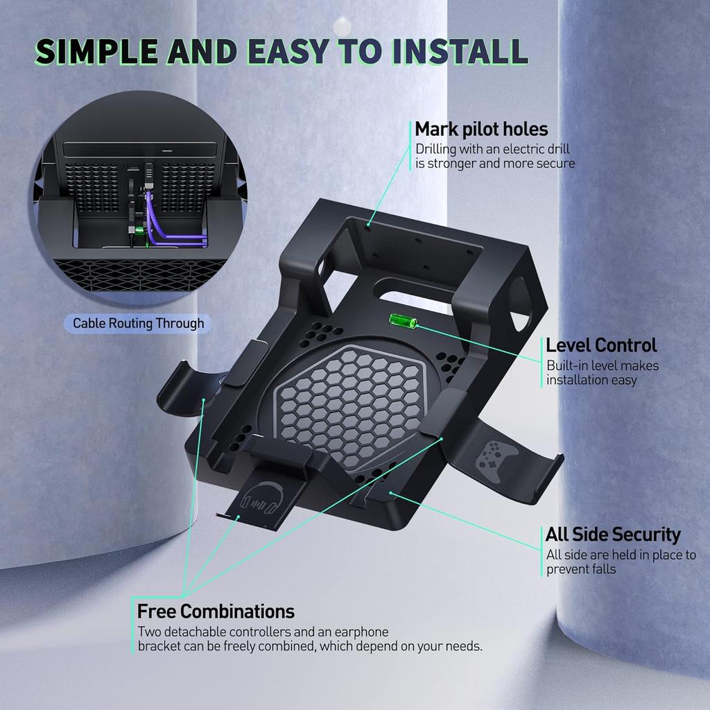Wall Mount for Xbox Series X, Wall Mount Kit for Xbox Series X with 2 Controller Holder & Headphone Hook, Integrated and Heat Ventilation Design,