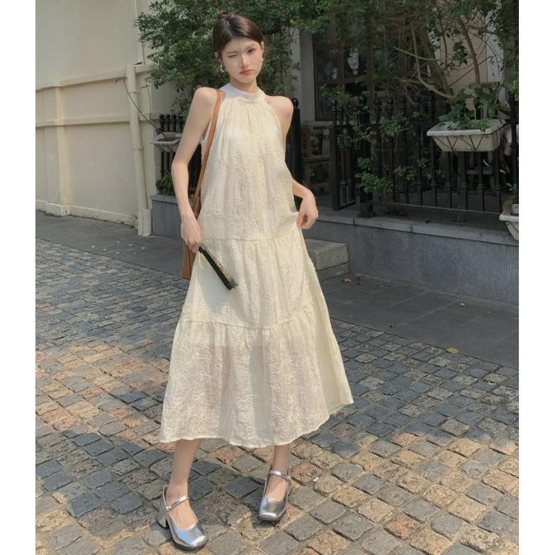 Small French retro lace neck dress summer new sexy sleeveless off-the-shoulder big swing dress children