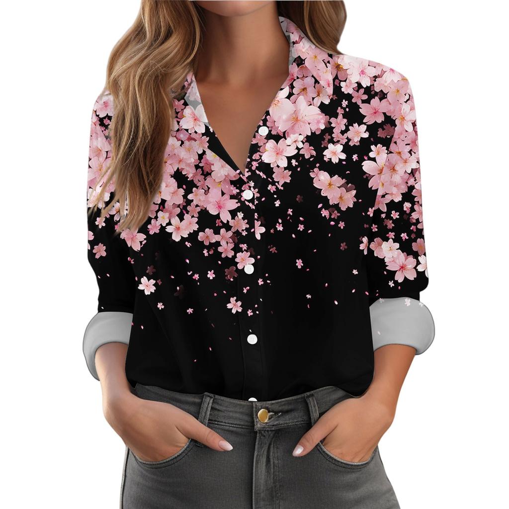 Women's Shirt With Floral Print Buttons, Long Sleeved Casual Regular Shirt Blouses Casual Plus Size Basic Tops