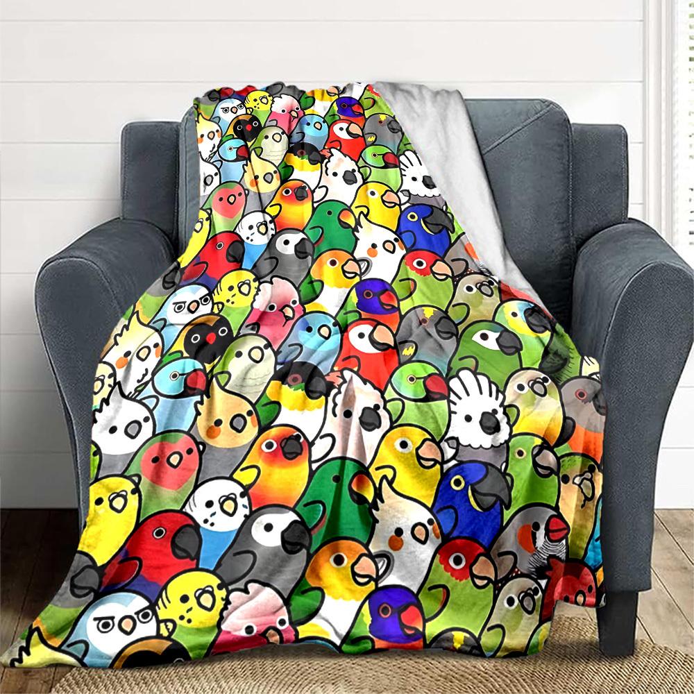 1pc Parrot Party Print Blanket - Lightweight Flannel Throw Blanket For Sofa, Bed, Living Room, Office, Outdoor Travel, Camping, Soft All-Season Throw