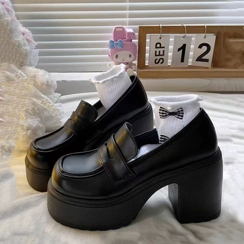 

Маленькие кожаные туфли женские супервысокий каблук 2025 весна новая увеличивающая рост британский стиль одинарные туфли платформа толстый каблук лоферы женские 38 матовый черный