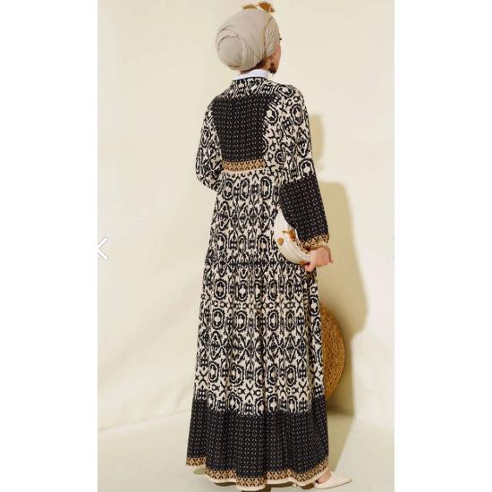 Kadın Siyah Krem Desenli Viskon Tesettür Elbise