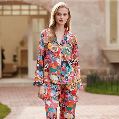 Ice Silk Pajamas for Women Summer Long-sleeved Two-piece Printed Home Wear Silk Suit for Women