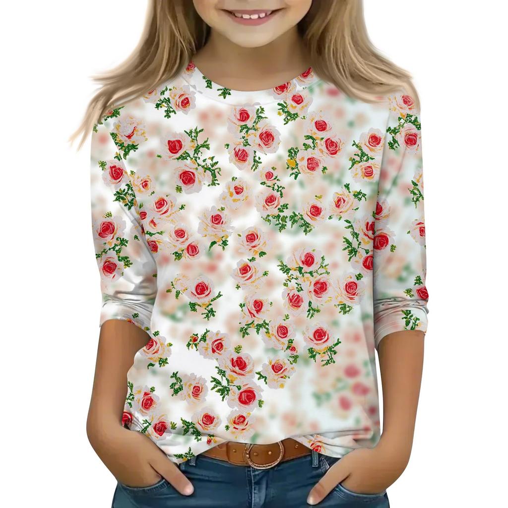 Print Tops For Youth Girls 5-16 Years Round Neck 3/4 Sleeves T-Shirts Trendy Tops Outfit Tees