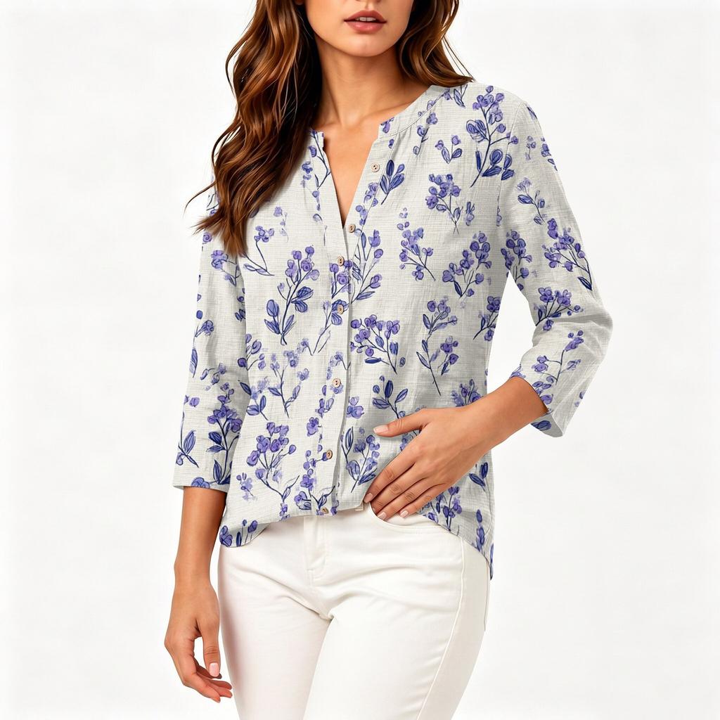 Women Vintage Floral Print Henley Collar Button Down Shirt Three Quarter Sleeve Linen Cotton Blouse Casual Loose Fit Top