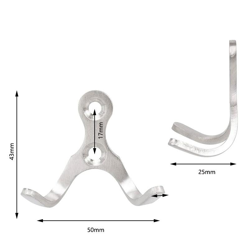 6pcs Double Prong Coat Hooks Wall Mounted Brushed Stainless Steel Hooks For Towel Hat Key Bag Bathroom Kitchen Bedroom