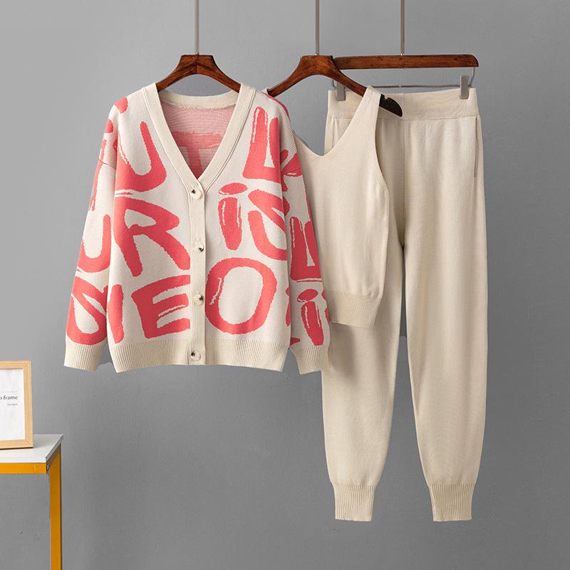 Jacquard Knitwear Three-Piece Set: Cardigan & Pants - Casual Loose Fit