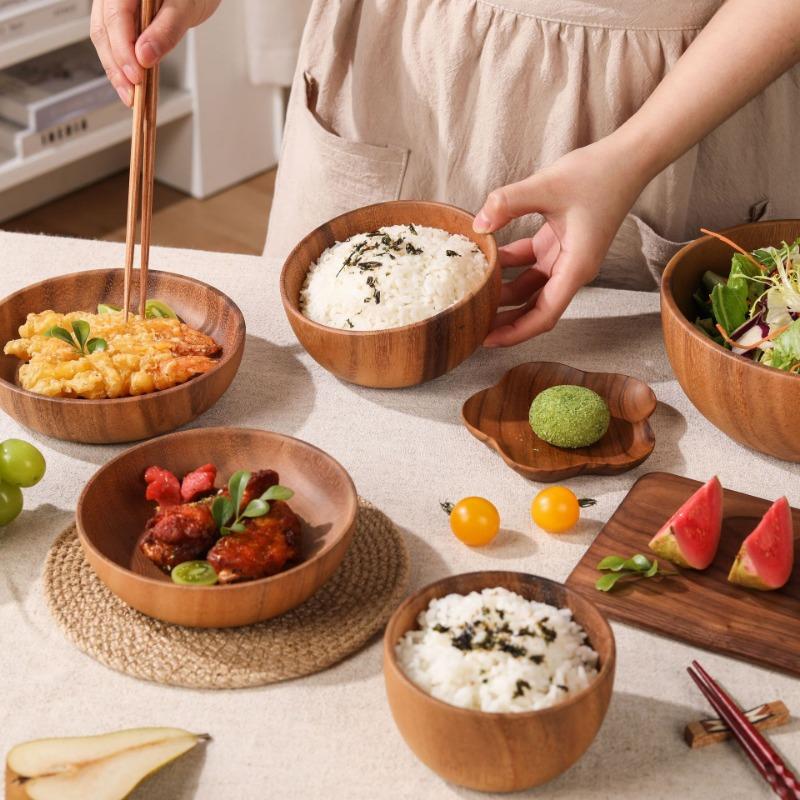 Acacia Wooden Bowl Japanese Style Wooden Tableware Household and Basin Fruit Plate Salad Whole Soup Bowl Wooden Bowl