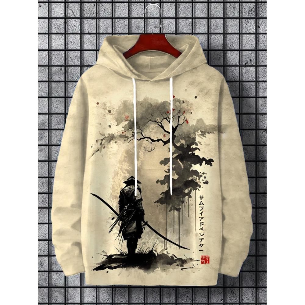 Japan Samurai Print Men's Hoodies Hip Hop Trend Street Clothes Fashion Autumn and Winter Sweatshirts Casual Pullover Loose Tops