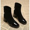 Suede Paneled Booties Fashion Round Toe Rear Zipper Anti-Slip Wear-Resistant Block Heel Shoes for Women