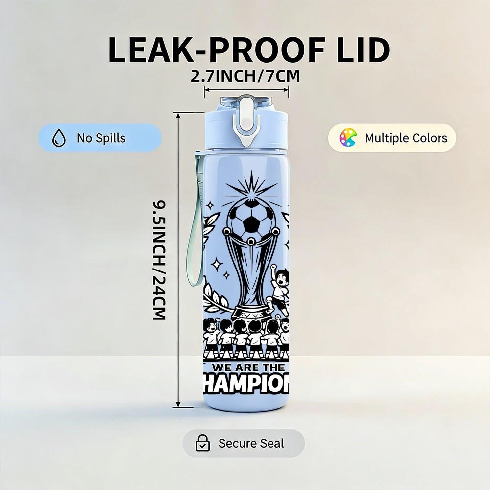 1 Stück Fußballpokal Champion Abzeichen Druck 750 ml Farbe Kunststoff Sport Wasserflasche Auslaufsicher Klappdeckel mit Strohhalm Geeignet für Sport Büro Zuhause