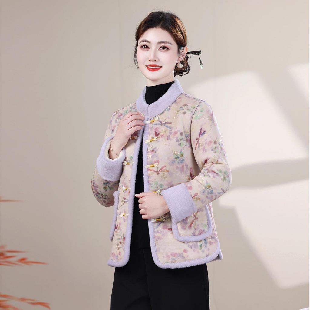 Winter Retro Chinese-Style Jacket with Frog Buttons - Warm, Thick, Plus-Size Velvet Cotton for Mothers