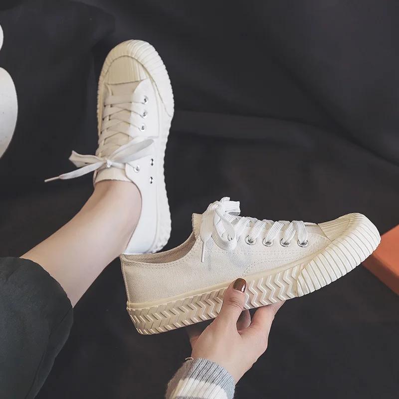 

fashion Korean Canvas Shoes Woman Fashion Sneakers Low Cut Lace-up Zapatos De Mujer High Quality Casual Flats Shoes Woman 40 белый
