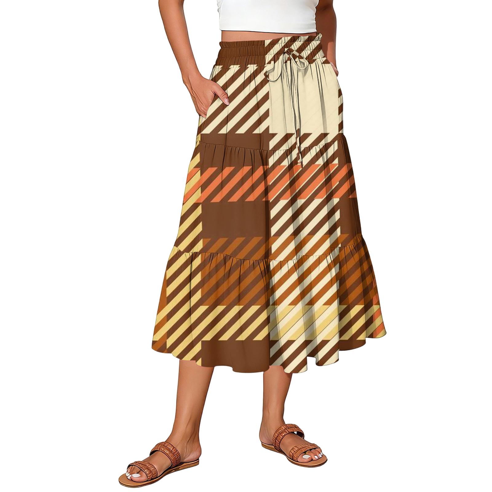 

Ladies plaid printed casual elastic waist drawstring skirt M