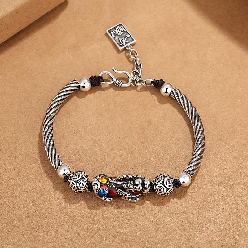 New retro ethnic-style landscape cloisonné enamel Pixiu bracelet, unisex, with an aged finish, handmade with resin and creative weaving techniques