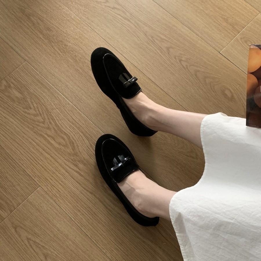 Sheepskin version inner height increase single shoes women's shoes bow white loafers women's versatile suede one-pedal small leather shoes