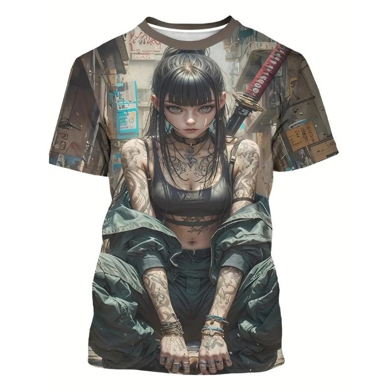 Anime Samurai Girl T-Shirts 3D Print Men's Women Short Sleeve Round Neck T Shirt Oversized