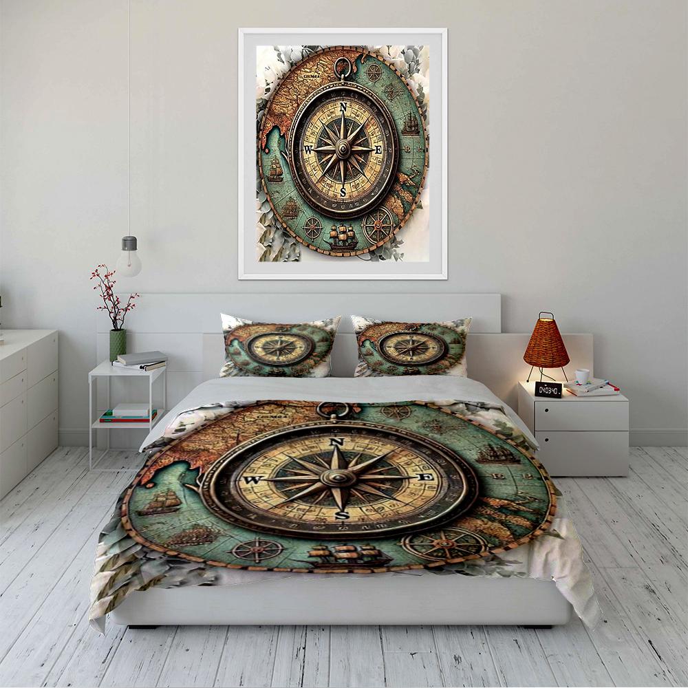 Vintage Compass and Map Bedding Set Bedding Set (1 Duvet Cover, 2 Pillowcases, Duvet Not Included)