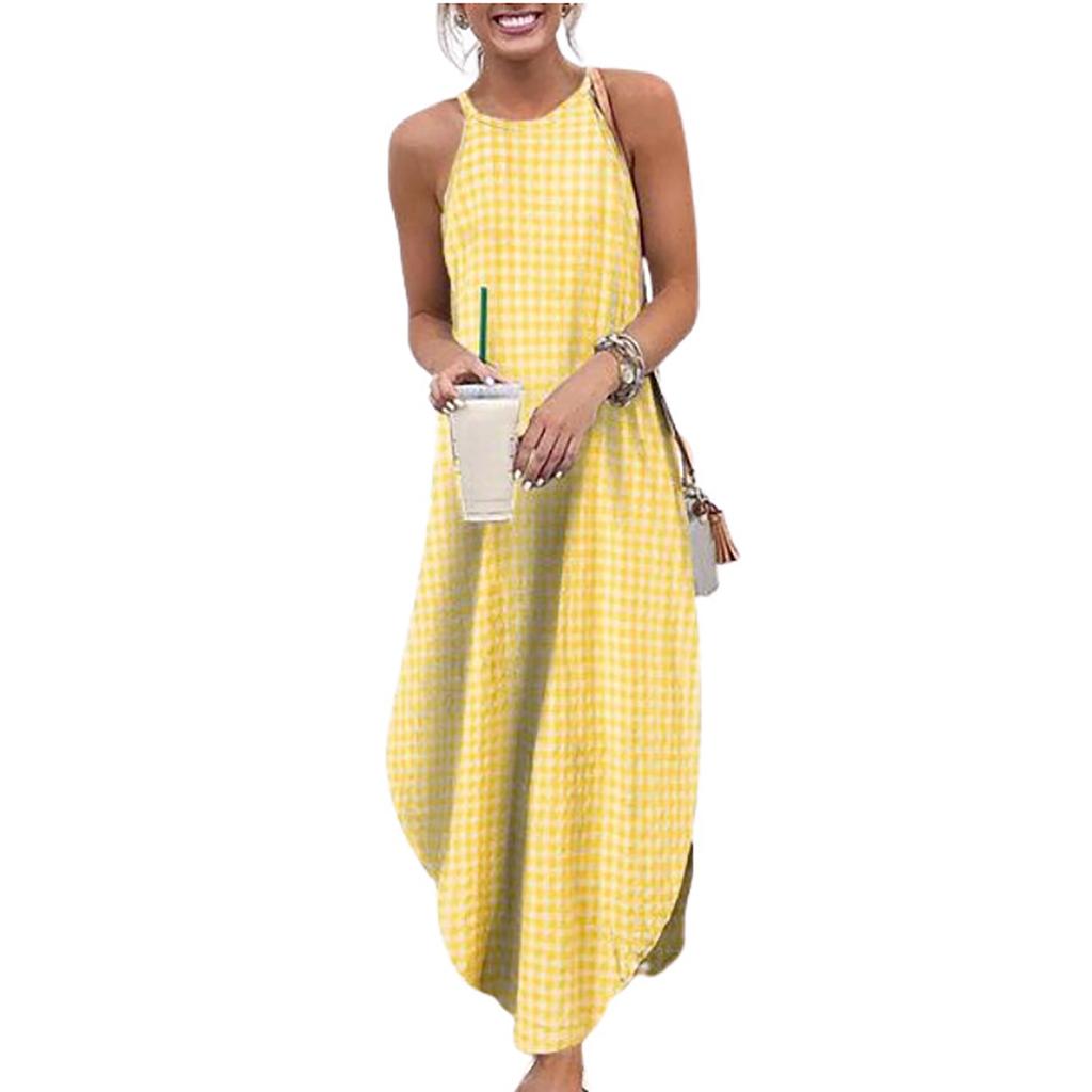 Women Casual Printed Round Neck Loose Long Dress Sleeveless Split Maxi Dress