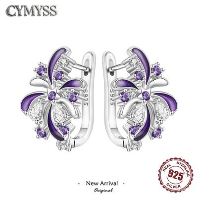 Holiday Celebration Original 925 Silver Zircon Lucky Purple Firework Hoop Earrings Women Fashion Jewelry Party Gifts