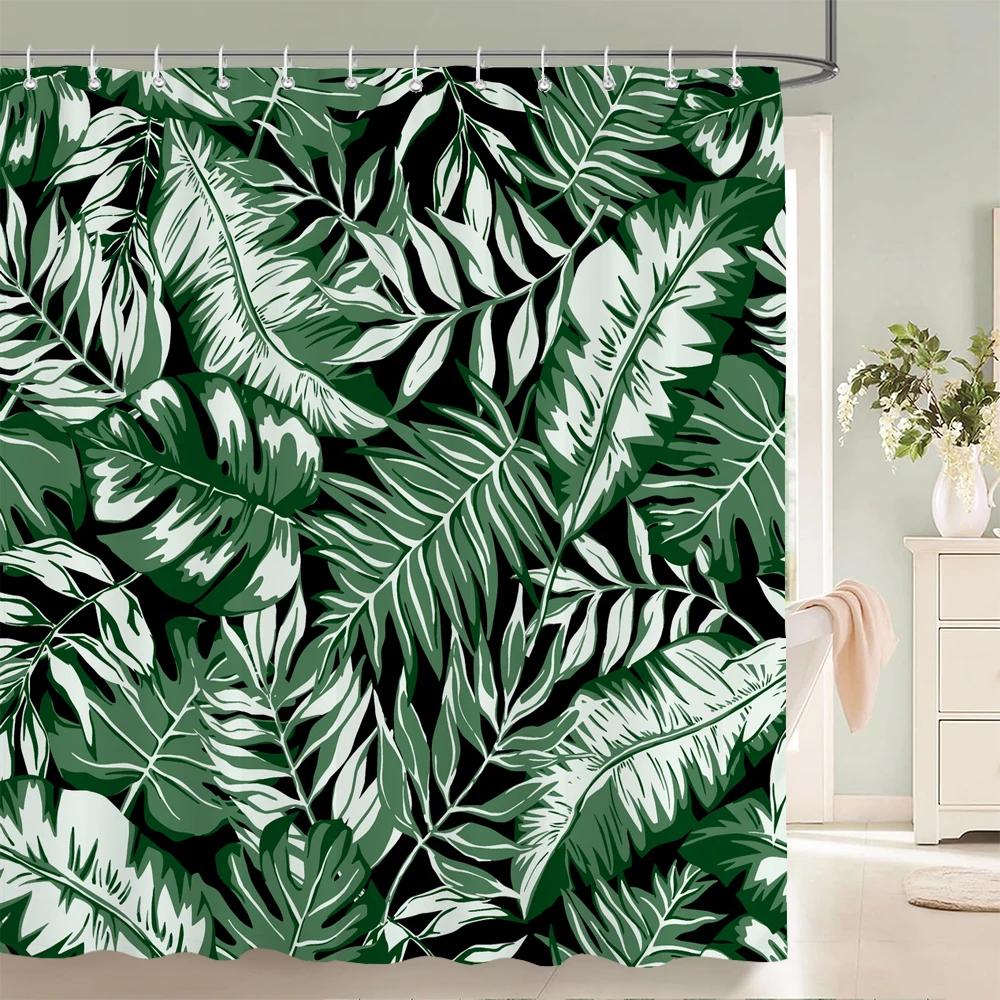 Green Plant Leaves Print Shower Curtains Watercolor Boho Floral Waterproof Morden Bathroom Bathtub Curtain Room Decor With Hooks