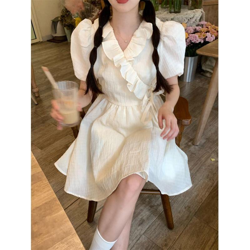 Sweet Ruffled Short Sleeve New Dress for Women Straps Waist V-neck Princess Skirt