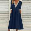 Women Midi Dress Half Sleeves V Neck Cutout Patchwork Pleated Daily Wear A-line