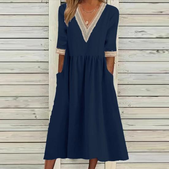 Women Midi Dress Half Sleeves V Neck Cutout Patchwork Pleated Daily Wear A-line