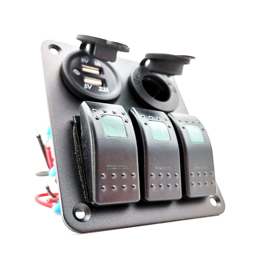 Schalterpaneel 3-fach Wippschalter Boot Auto Schalttafel 2USB Steckdose