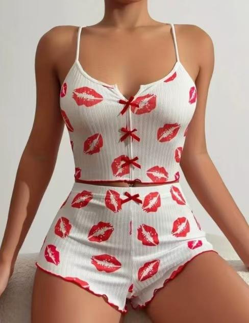 

Bow loungewear ribbed suit suspender shorts pure desire pajamas women s summer XXXL