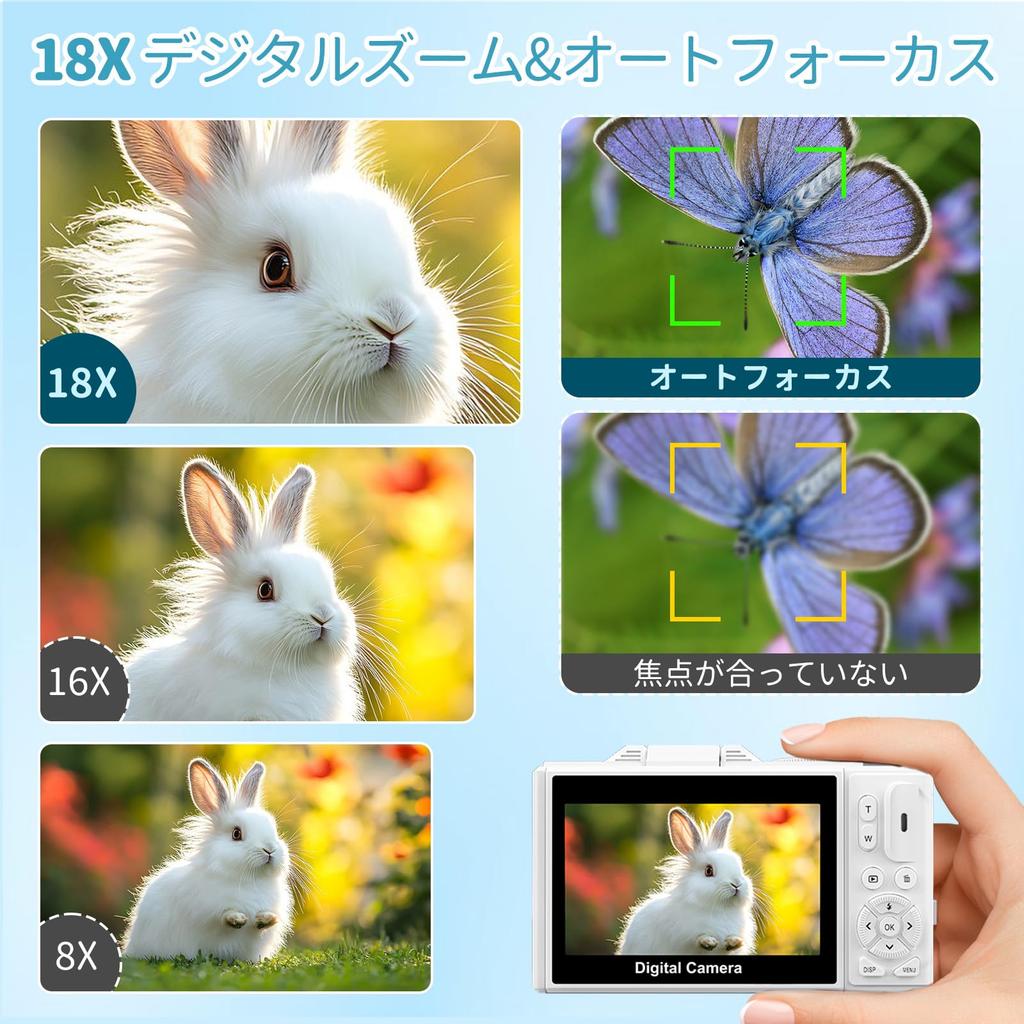 Digital Camera with 5K 75MP Transfer Function for Smartphone 18x Digital Rotatable IPS Screen with Selfie Micro SD Card 2 Ideal for School and White