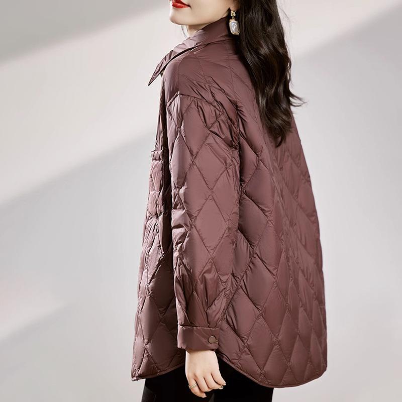 Light Down Jacket Women's Medium and Long Autumn and Winter Rhombus Shirt Collar New Autumn and Winter Fashion Coat