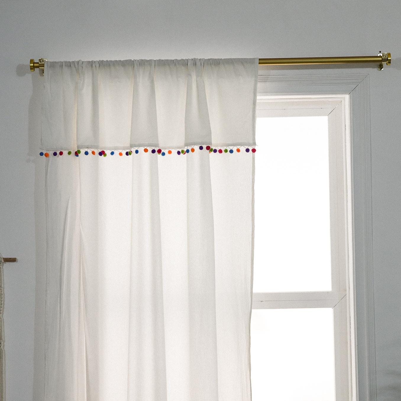 Готовая штора Скандинавская ткань из чистого хлопка Цветной помпон Кухонная полуштора Гостиная Маленькое окно Короткая штора Height 90 * Width 132cm