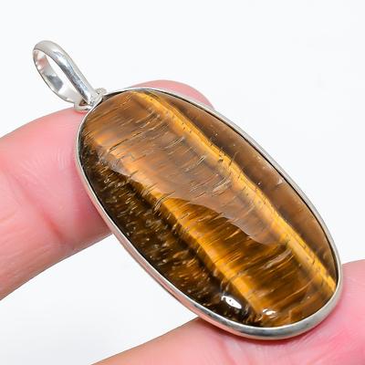 Pierre Précieuse Œil de Tigre Bijou Pendentif Argent Sterling 925 2,36" y0V44