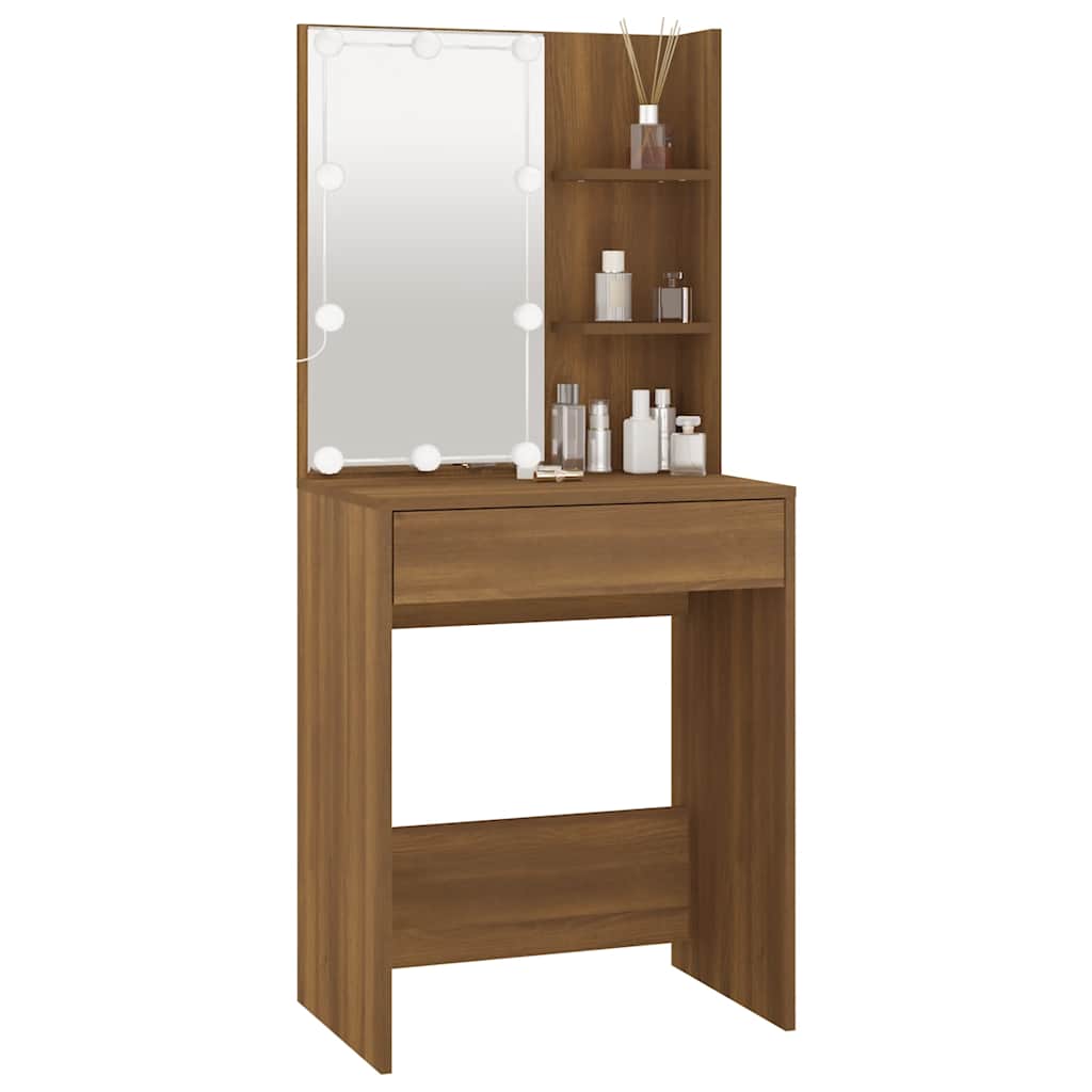 Makeup Table with LED Lights Brown Oak Effect 60 x 40 x 140 cm